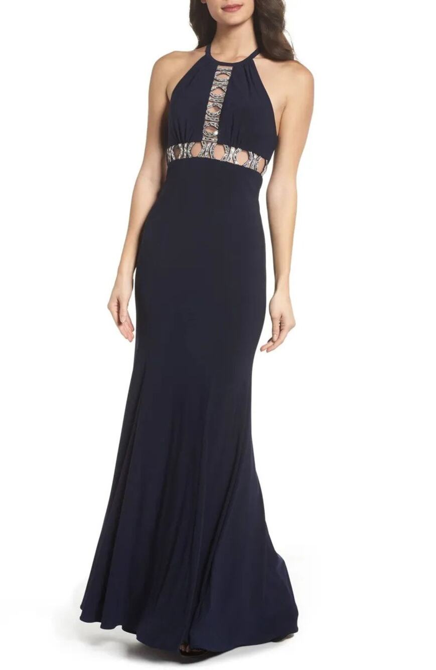 XSCAPE Crystal Embellished Halter Cut Out Dress Navy Blue Womens 8 Prom Formal